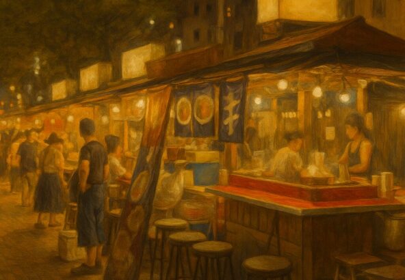 福岡・中洲の屋台街で夜の明かりに照らされながら多くの人々が食事を楽しむ情景。博多の夜を象徴する温かみのある風景。