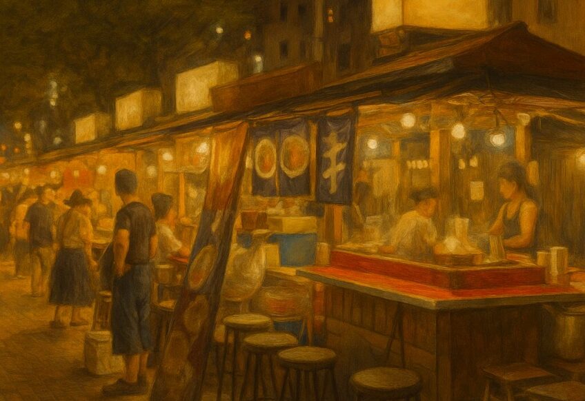 福岡・中洲の屋台街で夜の明かりに照らされながら多くの人々が食事を楽しむ情景。博多の夜を象徴する温かみのある風景。