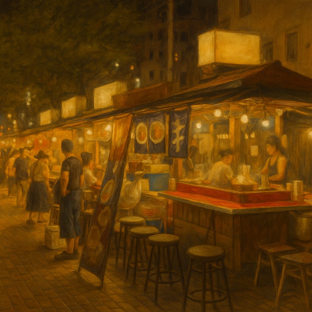 福岡・中洲の屋台街で夜の明かりに照らされながら多くの人々が食事を楽しむ情景。博多の夜を象徴する温かみのある風景。