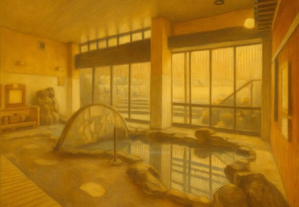 福岡市博多区の天然温泉「みなと温泉 波葉の湯」館内にある温泉大浴場。岩造りの浴槽と木の天井が調和した、温かな光に包まれる癒しの空間。