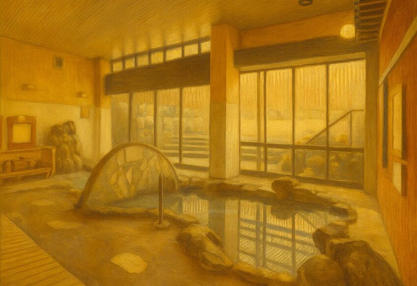 福岡市博多区の天然温泉「みなと温泉 波葉の湯」館内にある温泉大浴場。岩造りの浴槽と木の天井が調和した、温かな光に包まれる癒しの空間。