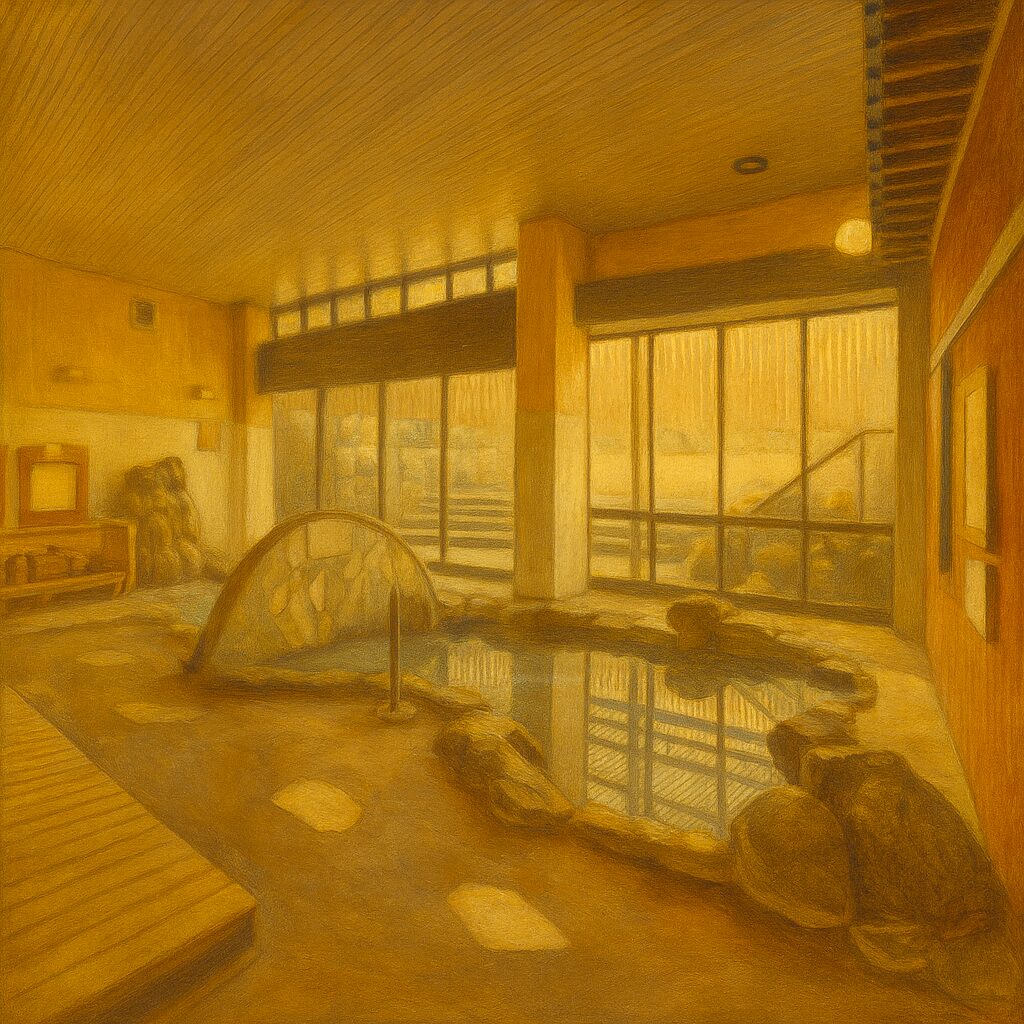 福岡市博多区の天然温泉「みなと温泉 波葉の湯」館内にある温泉大浴場。岩造りの浴槽と木の天井が調和した、温かな光に包まれる癒しの空間。