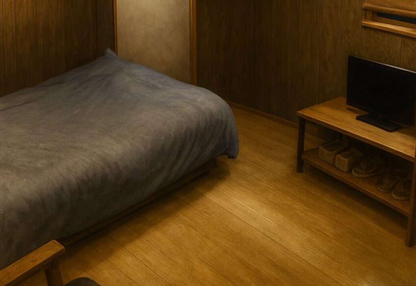 ウィークリーマンションベイサイドのデザイナーズルームを絵画風に加工したベッドルーム画像。木目調の壁と床、落ち着いた照明、ベッドとテレビ台が配置されている。