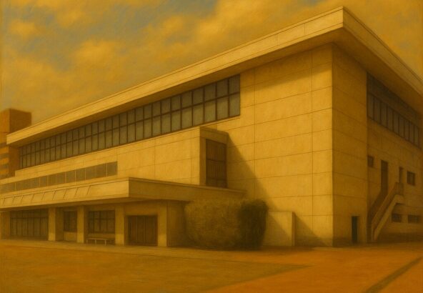 福岡国際センターの外観。大屋根とガラス面が印象的な建物を、青空の下で斜めから捉えた全景。