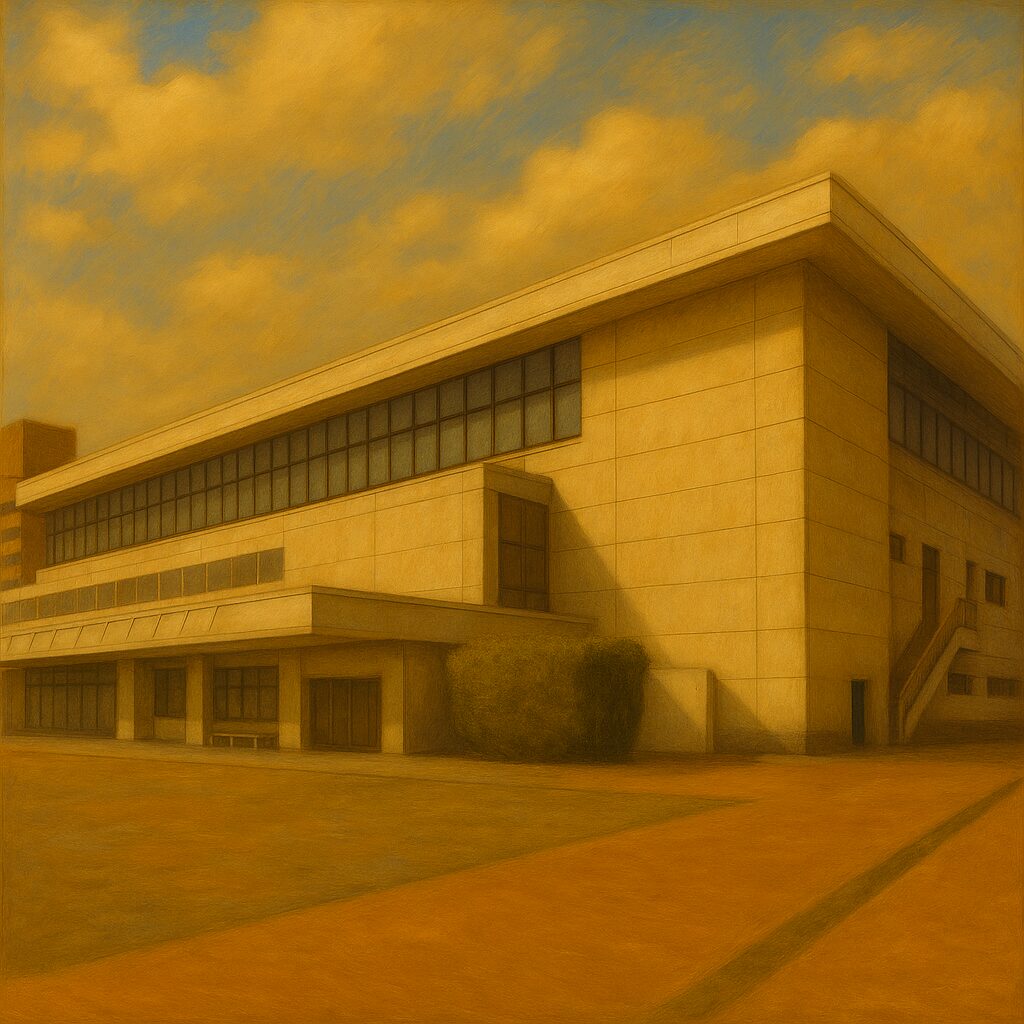 福岡国際センターの外観。大屋根とガラス面が印象的な建物を、青空の下で斜めから捉えた全景。