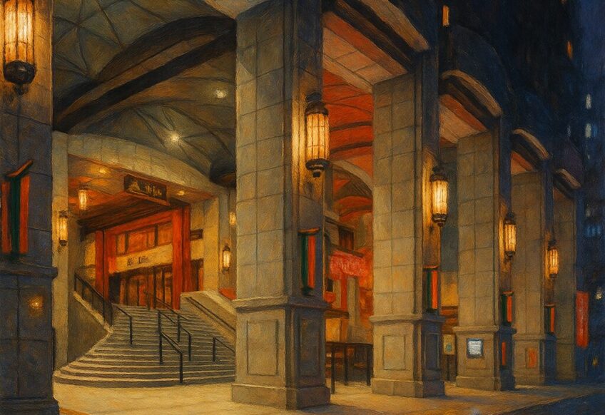 博多座の夜景と列柱が美しくライトアップされた外観