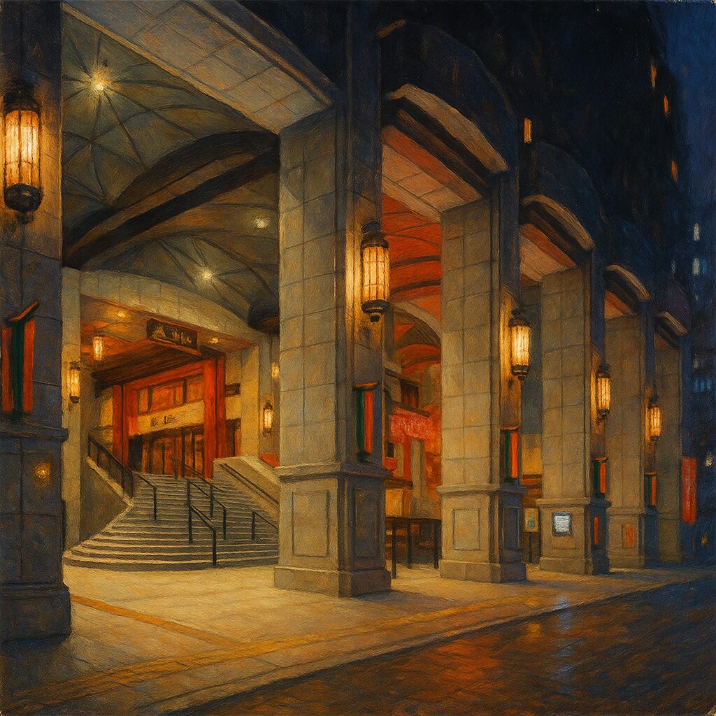 博多座の夜景と列柱が美しくライトアップされた外観