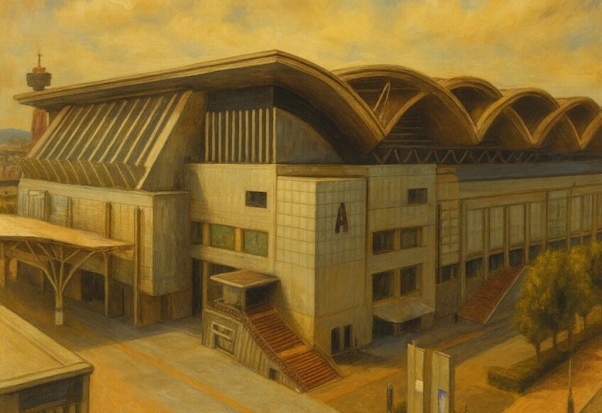 マリンメッセ福岡A館を油絵風に描いたリアルな建築アート