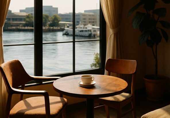 水辺に面したカフェ席で、静かな光が差し込む落ち着いた空間の様子