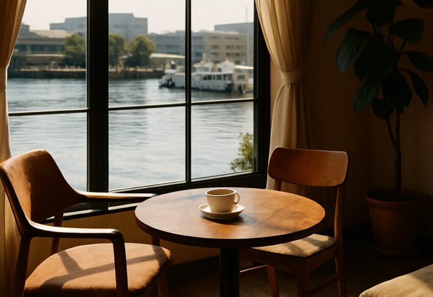 水辺に面したカフェ席で、静かな光が差し込む落ち着いた空間の様子