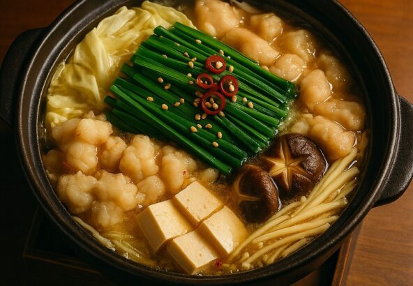 牛もつとキャベツやニラを使った博多もつ鍋を上から見た様子