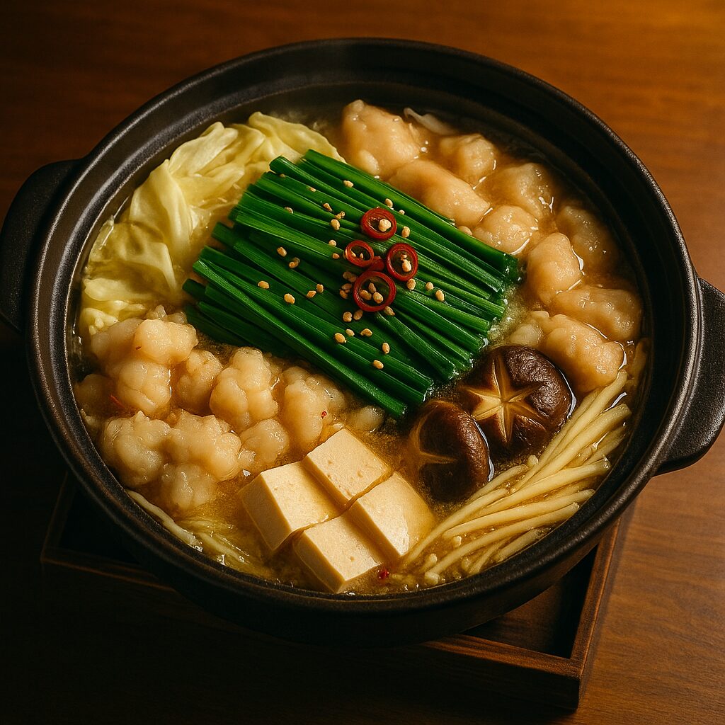 牛もつとキャベツやニラを使った博多もつ鍋を上から見た様子