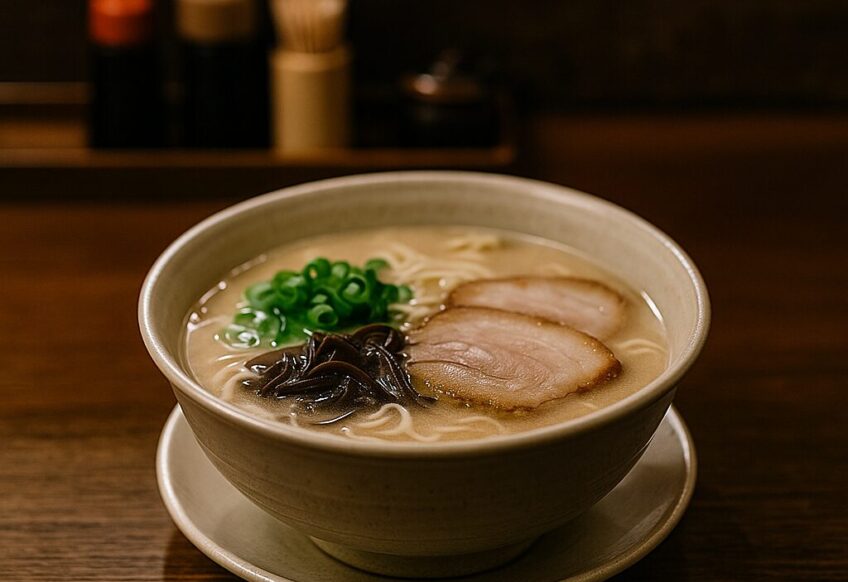 カウンターの上に置かれた博多ラーメンを正面から写した写真。白濁した豚骨スープに細麺、チャーシュー、きくらげ、ねぎが添えられている。
