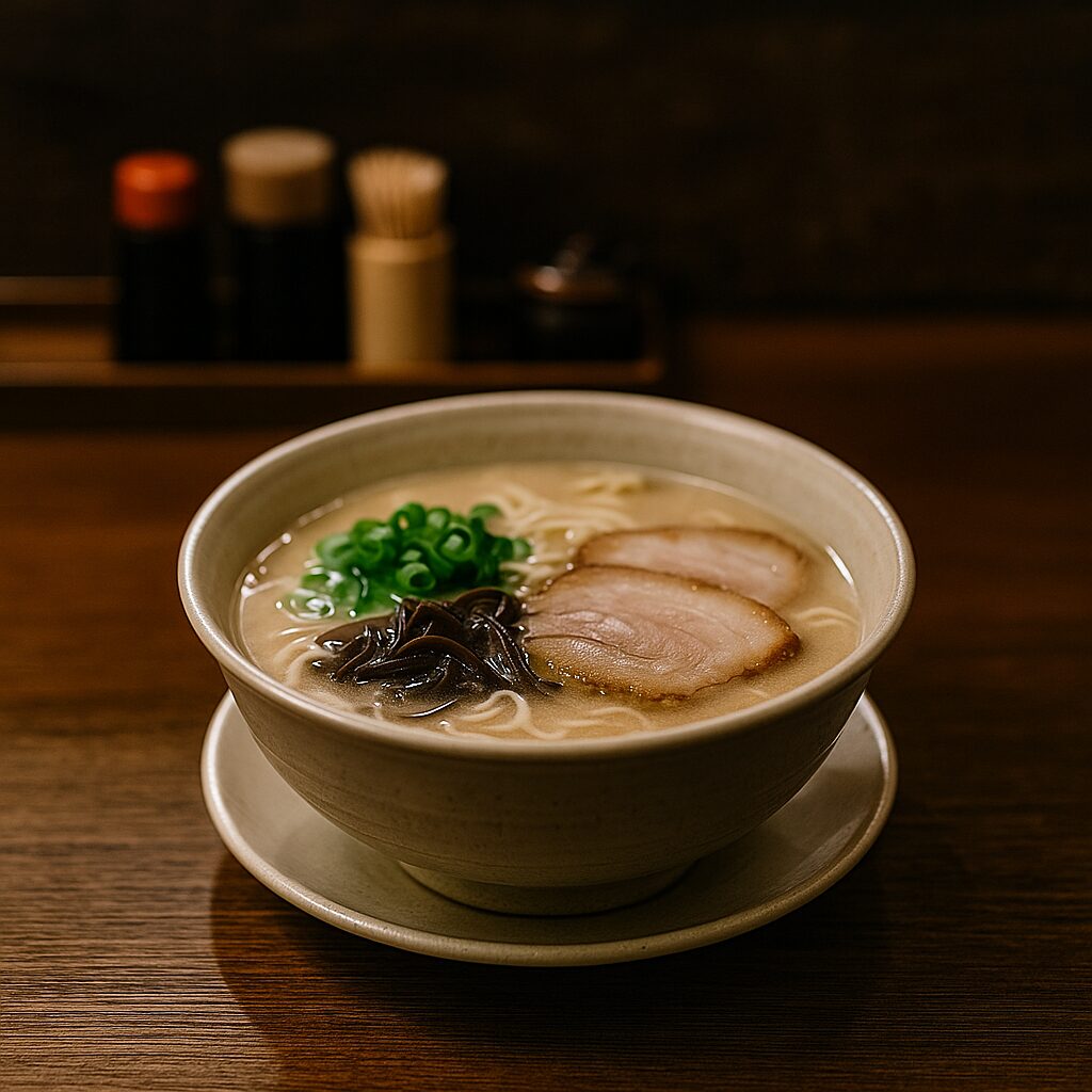 カウンターの上に置かれた博多ラーメンを正面から写した写真。白濁した豚骨スープに細麺、チャーシュー、きくらげ、ねぎが添えられている。