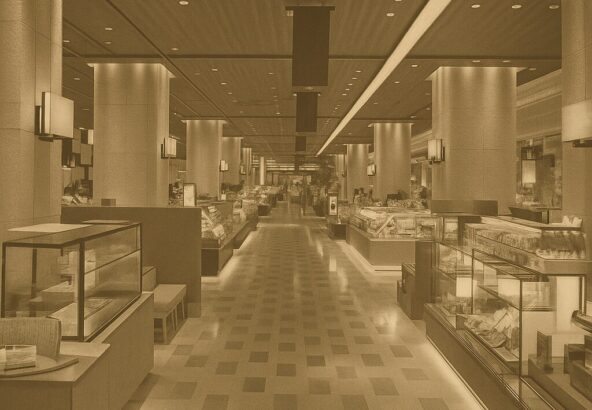 博多駅のエキナカにあるショッピングエリア。木目調の天井と明るい照明に包まれ、整然と並ぶお土産店やスイーツショップが並ぶ光景。