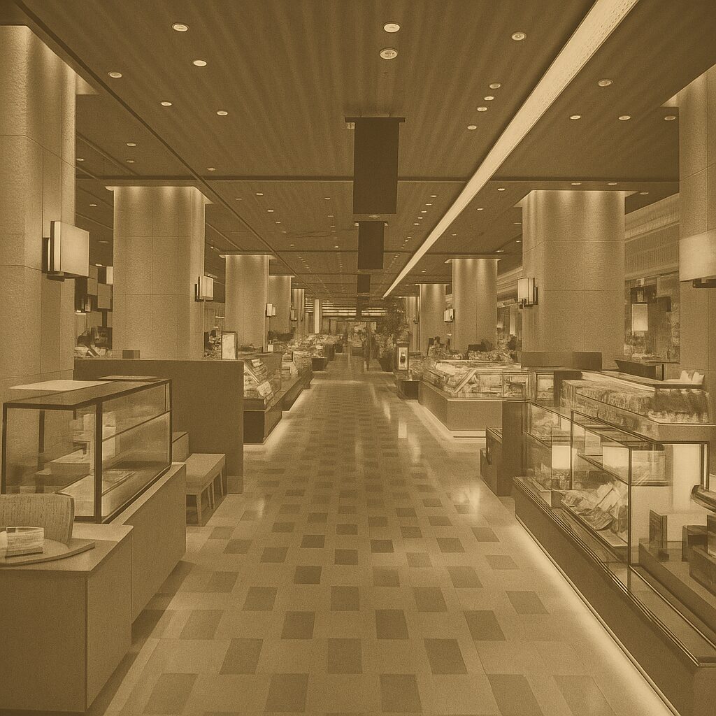 博多駅のエキナカにあるショッピングエリア。木目調の天井と明るい照明に包まれ、整然と並ぶお土産店やスイーツショップが並ぶ光景。