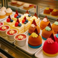 自然光に照らされた博多のスイーツショーケース。苺のショートケーキやプリン、チョコレートムースなどが美しく並ぶ。