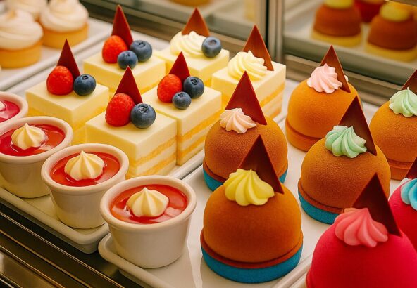 自然光に照らされた博多のスイーツショーケース。苺のショートケーキやプリン、チョコレートムースなどが美しく並ぶ。