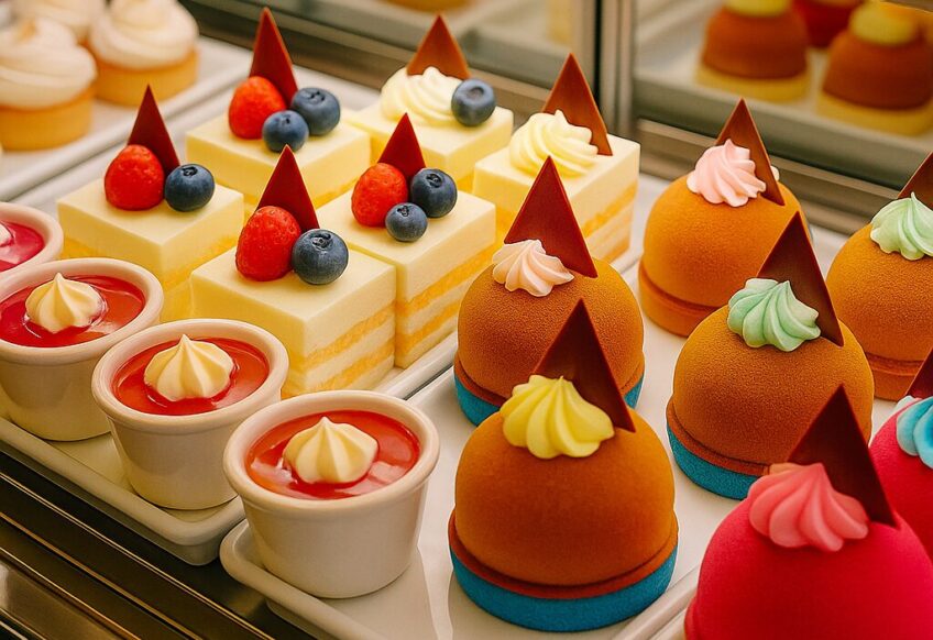 自然光に照らされた博多のスイーツショーケース。苺のショートケーキやプリン、チョコレートムースなどが美しく並ぶ。