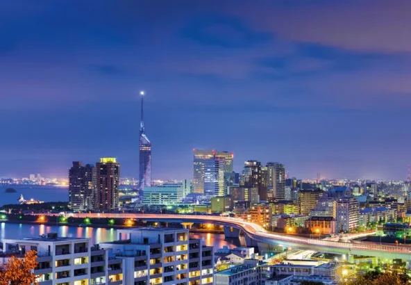 福岡タワーを中心にした福岡市内の夜景。街並みと海辺がライトアップされ、美しい都市の光が広がっている様子。