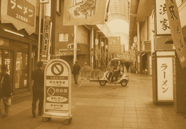 福岡・博多の川端通商店街の昼間のアーケードをレトロ調に再現。飲食店が立ち並び、温かみのある雰囲気が漂う。