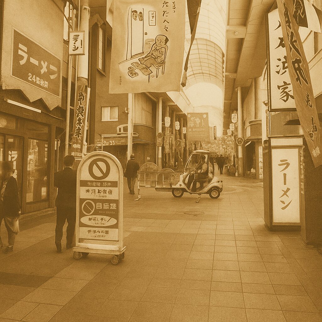 福岡・博多の川端通商店街の昼間のアーケードをレトロ調に再現。飲食店が立ち並び、温かみのある雰囲気が漂う。