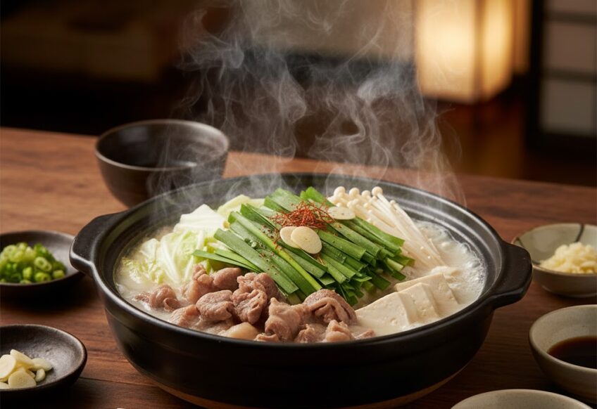 牛もつとキャベツやニラを使った博多もつ鍋を上から見た様子