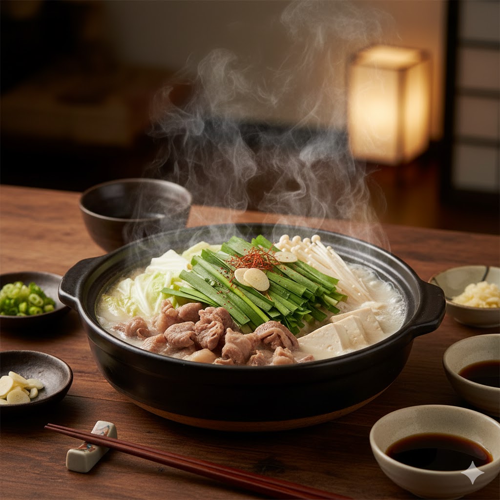 牛もつとキャベツやニラを使った博多もつ鍋を上から見た様子