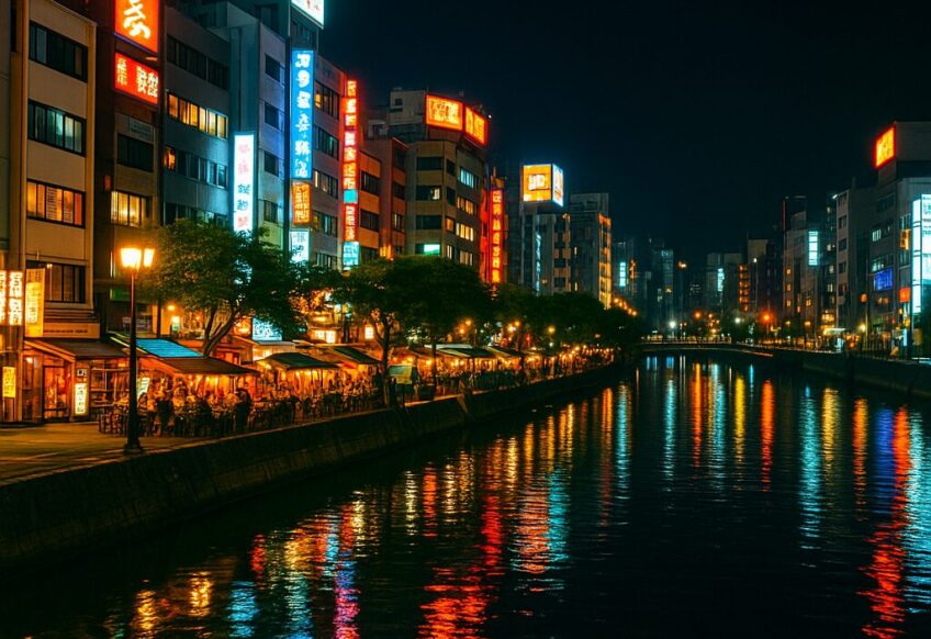 中洲エリアの夜景。川面に映るネオンと屋台の光が印象的な夜の風景。
