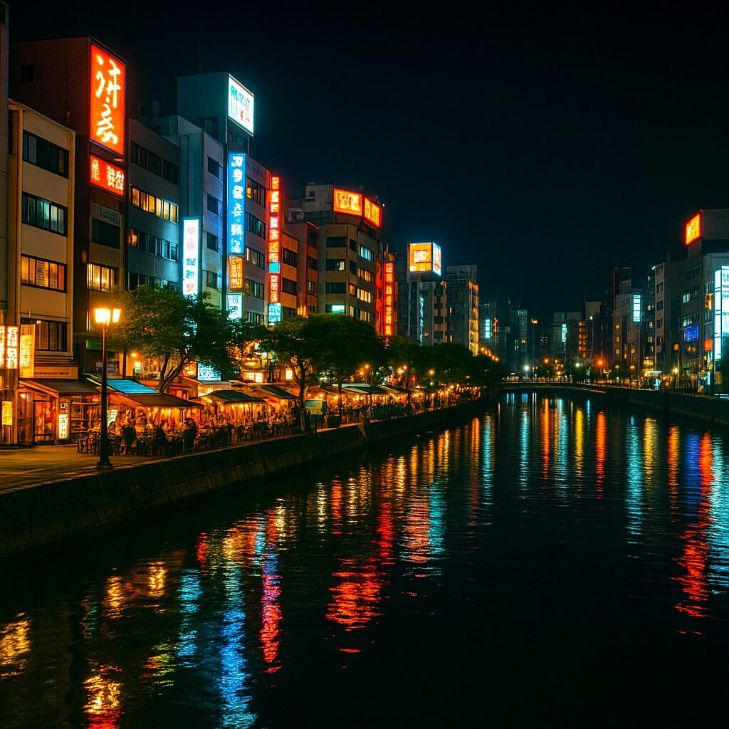 中洲エリアの夜景。川面に映るネオンと屋台の光が印象的な夜の風景。