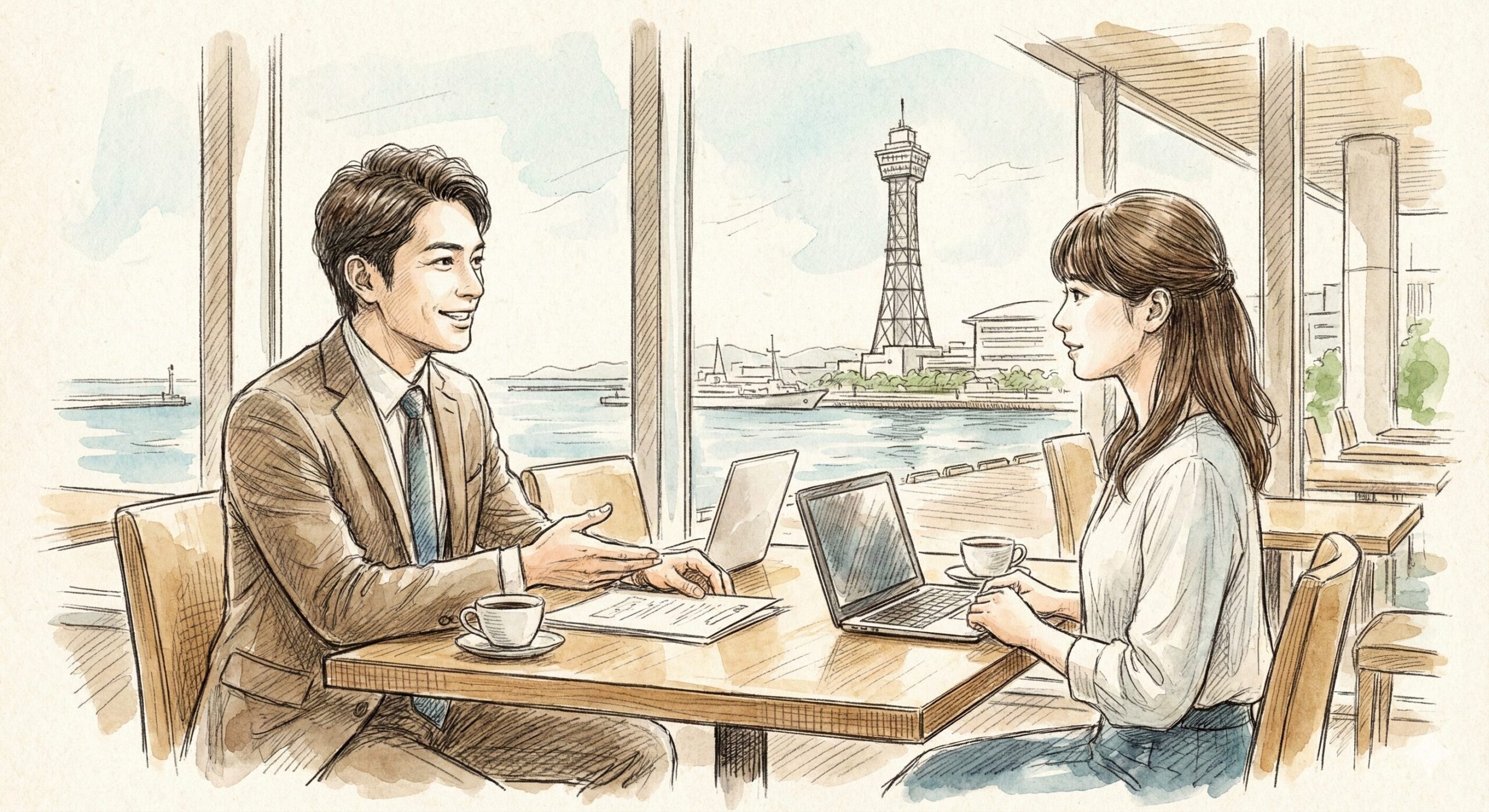 ベイサイドプレイス博多のカフェで商談をする男女のスケッチ風イラスト。窓の外に海と博多ポートタワーが見えるリラックスしたビジネスシーン。