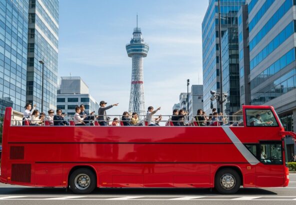 福岡オープントップバスで市内観光！屋根のない2階建てバスからの絶景のイメージ画像