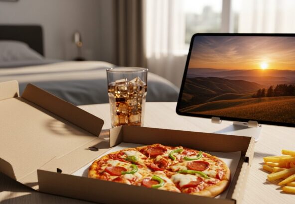お部屋で映画鑑賞会！高速Wi-Fiと近隣テイクアウトで楽しむ休日のイメージ画像
