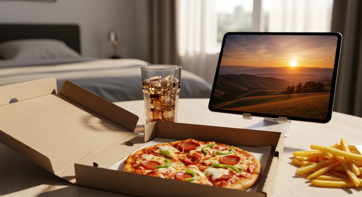 お部屋で映画鑑賞会！高速Wi-Fiと近隣テイクアウトで楽しむ休日のイメージ画像