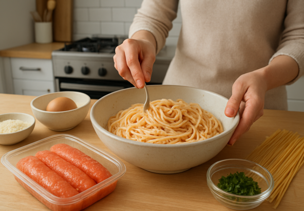 お部屋のキッチン活用術！博多食材で作る簡単「明太子パスタ」のイメージ画像