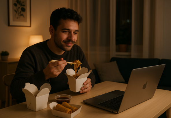 お部屋で映画鑑賞会！高速Wi-Fiと近隣テイクアウトで楽しむ休日のイメージ画像