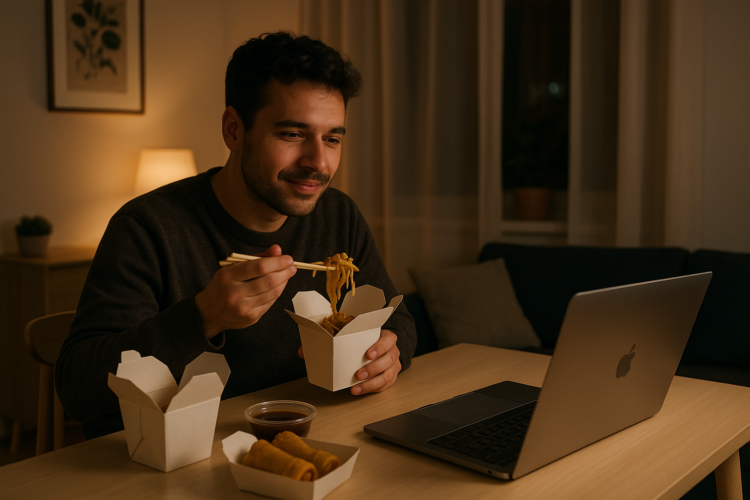 お部屋で映画鑑賞会！高速Wi-Fiと近隣テイクアウトで楽しむ休日のイメージ画像